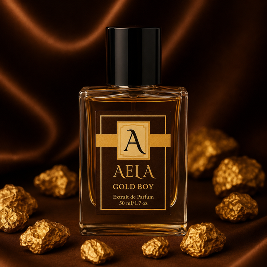 A rectangular glass perfume bottle labeled AELA GOLD BOY, filled with amber liquid and topped with a black cap, set against a draped dark brown background with scattered gold rocks around it.