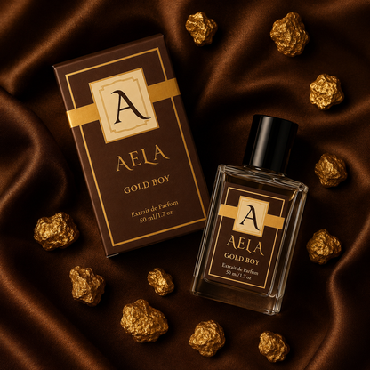A bottle of AELA Gold Boy perfume and its matching box, styled on a draped brown satin fabric with scattered gold leaf pieces. The packaging features a dark brown color with gold accents and a gold 'A' logo.