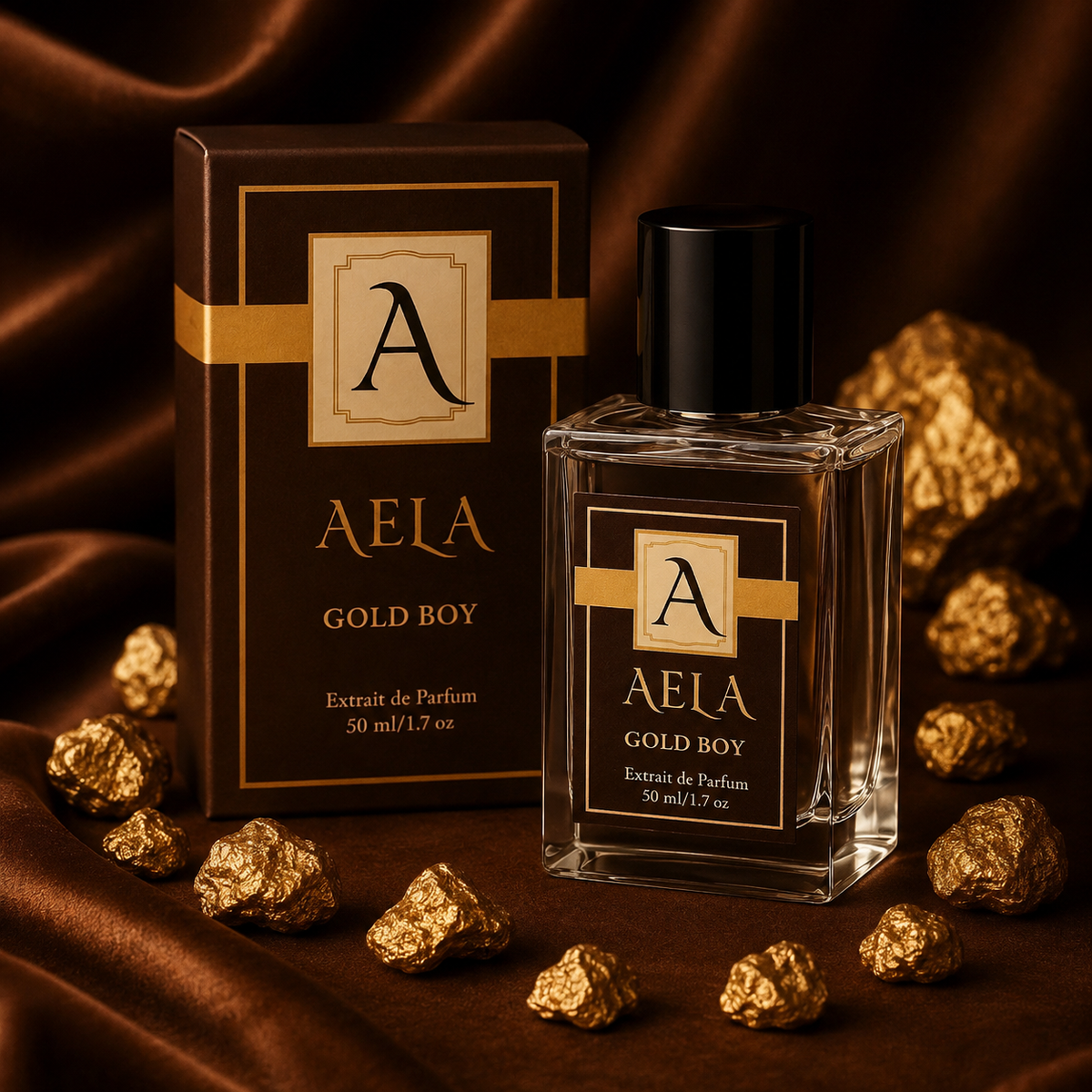 A bottle and box of Aela Gold Boy extrait de parfum displayed on a draped brown satin fabric with scattered gold leaf chunks. The packaging features a dark brown color with gold accents and a black cap.