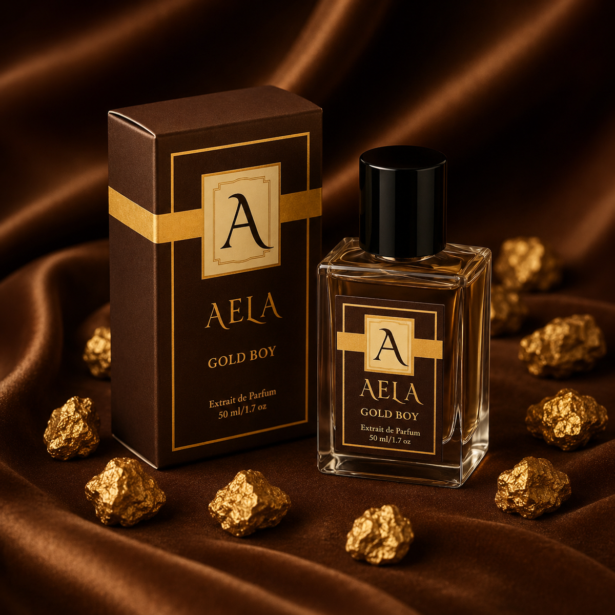 A bottle and box of AELA Gold Boy perfume displayed on draped brown satin with scattered gold leaf pieces. The packaging is dark brown with gold trim and lettering, and the bottle is clear glass with a black cap.