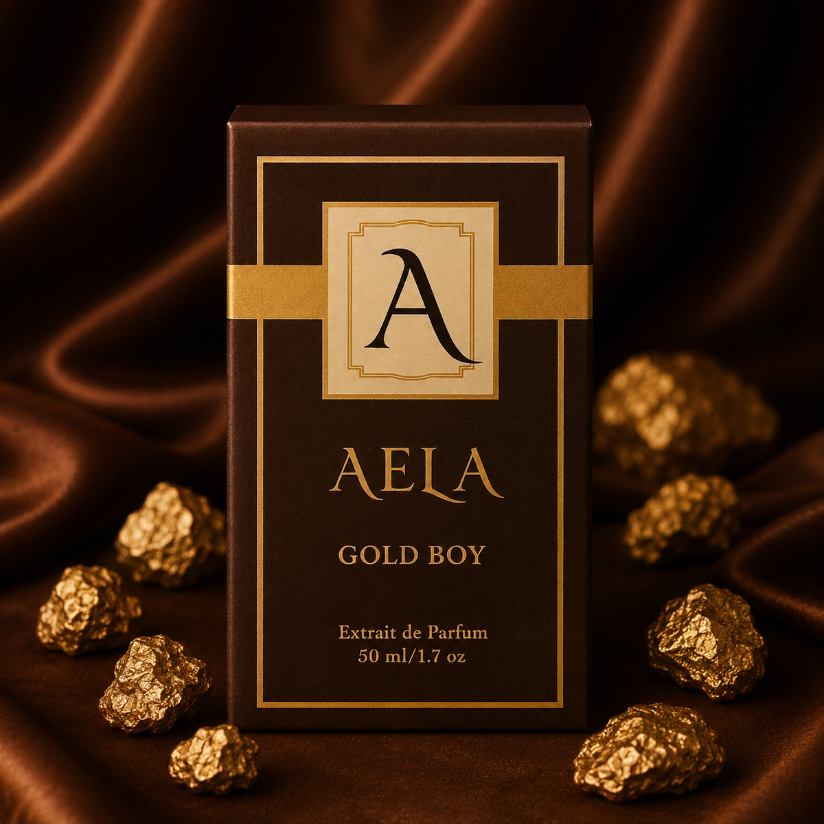 A rectangular perfume box labeled AELA GOLD BOY stands upright on a draped dark brown satin surface with scattered gold leaf pieces around it. The box is dark brown with gold trim and lettering, and the visible brand is AELA.