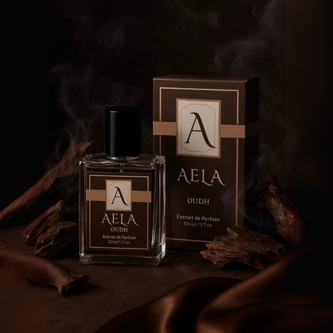 A bottle and box of Aela Oudh perfume displayed on a dark draped surface with wood pieces and smoke in the background. The product packaging is dark brown with gold accents and a cream-colored logo frame.