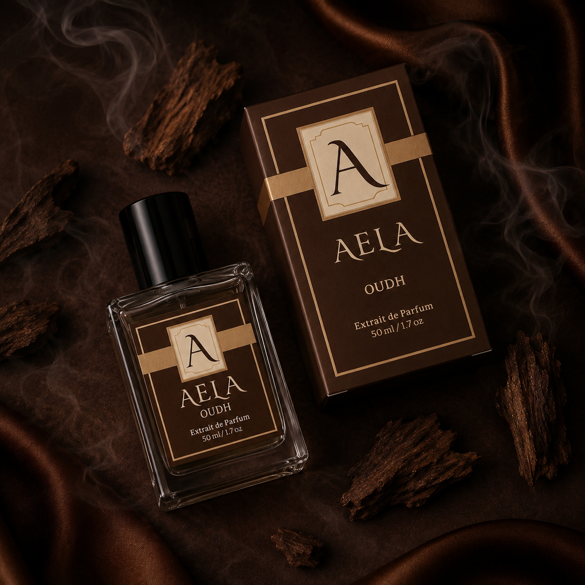 A clear glass perfume bottle and matching rectangular box for AELA Oudh, styled on a dark brown satin surface with scattered wood bark and soft smoke. The packaging and bottle labels are dark brown with gold bands and a cream square logo containing a large letter A.