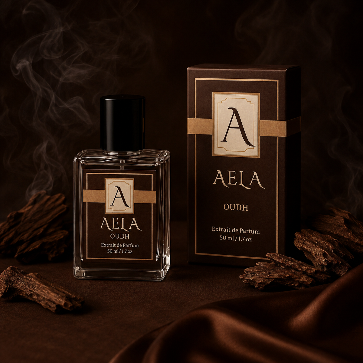 A clear glass perfume bottle and matching box for AELA Oudh extrait de parfum, styled with dark brown wood pieces and draped satin on a dark brown background with subtle smoke.