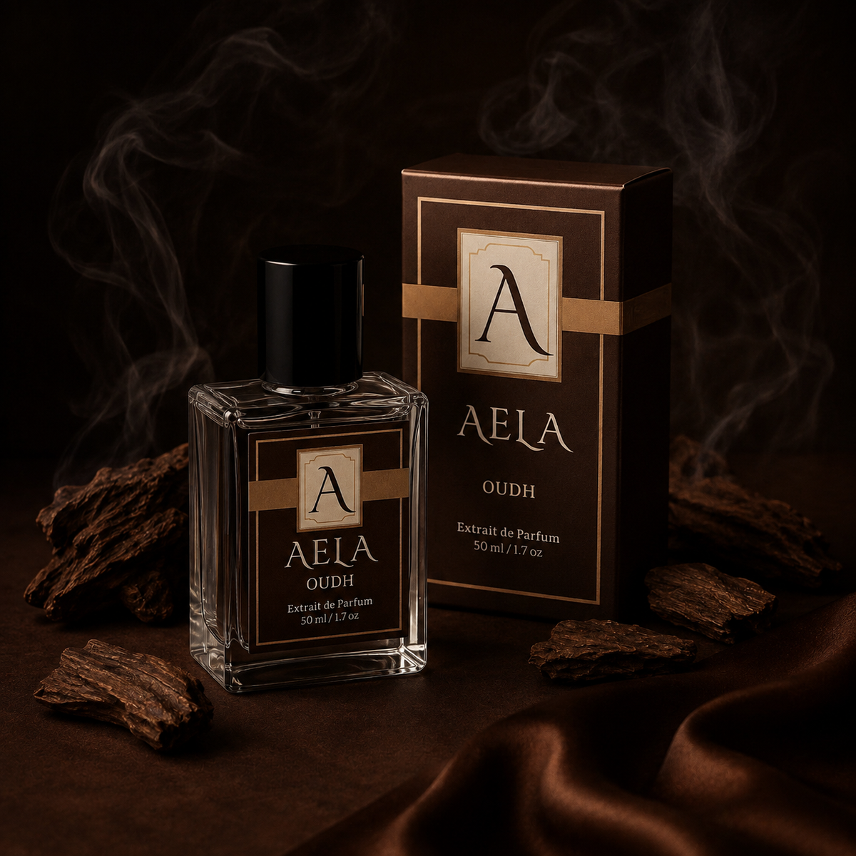 A bottle and box of Aela Oudh perfume displayed together on a dark brown surface with draped satin and wood pieces. The product packaging is dark brown with gold accents and a black cap, with smoke rising in the background.
