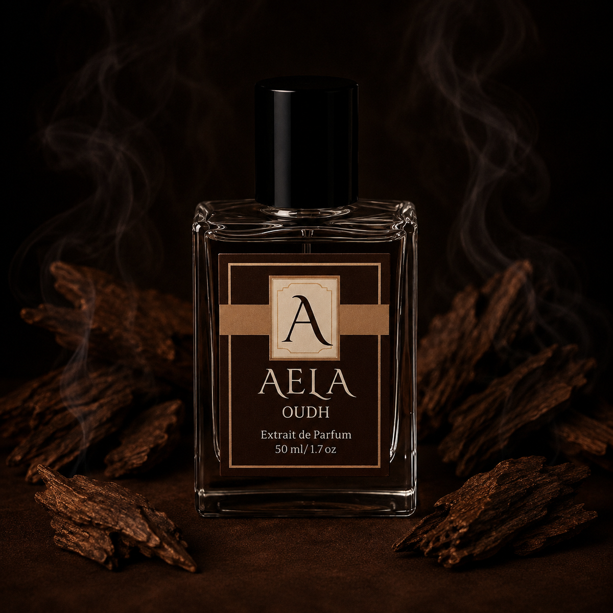 A clear rectangular perfume bottle with a black cap and a brown-and-gold label reading AELA OUDH, set against a dark smoky background with wood pieces around it.