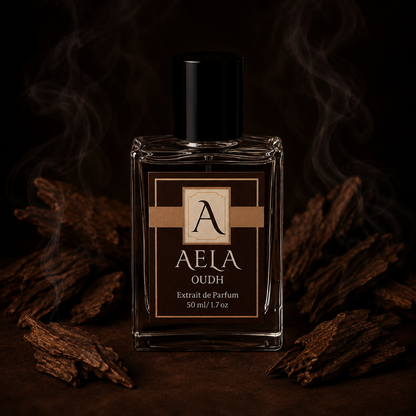 A clear rectangular perfume bottle with a black cap and a brown-and-gold label reading AELA OUDH, set against a dark smoky background with wood pieces around it.