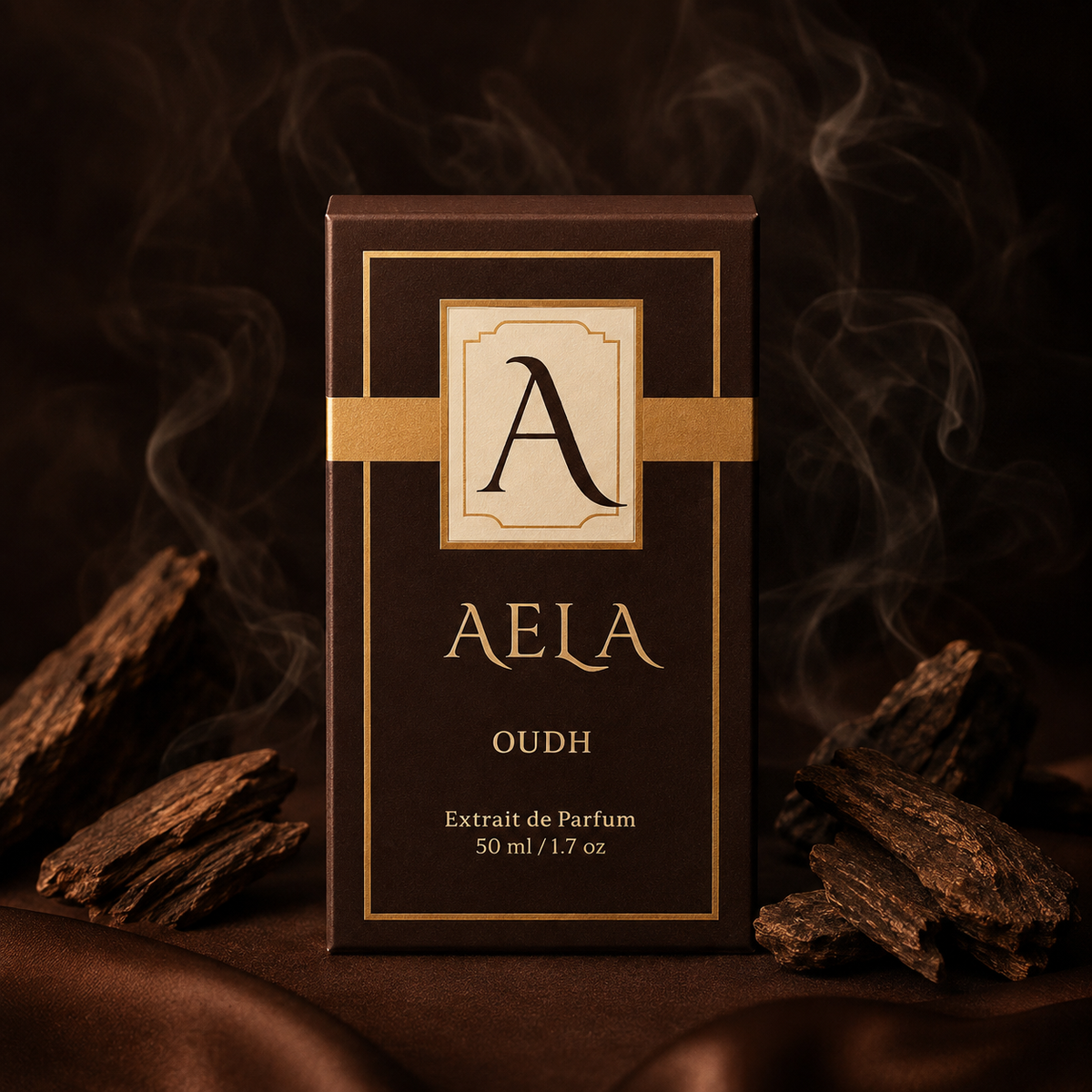 A dark brown rectangular perfume box labeled AELA OUDH, with gold trim and a cream panel featuring a large letter A, set against a smoky dark brown background with scattered wood pieces.