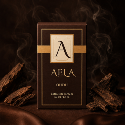 A dark brown rectangular perfume box labeled AELA OUDH, with gold trim and a cream panel featuring a large letter A, set against a smoky dark brown background with scattered wood pieces.